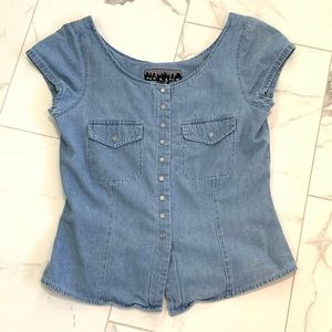 Vintage NY Line Cotton Denim Chambray Snap Front 90s Y2K Top Small S